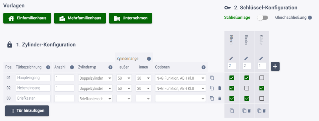 Schließplan Erstellung im Konfigurator