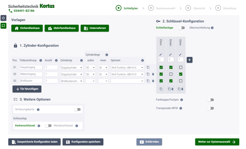Individuelle Schließanlage konfigurieren und kaufen mit Schließanlagen Konfigurator von Sicherheitstechnik Kortus