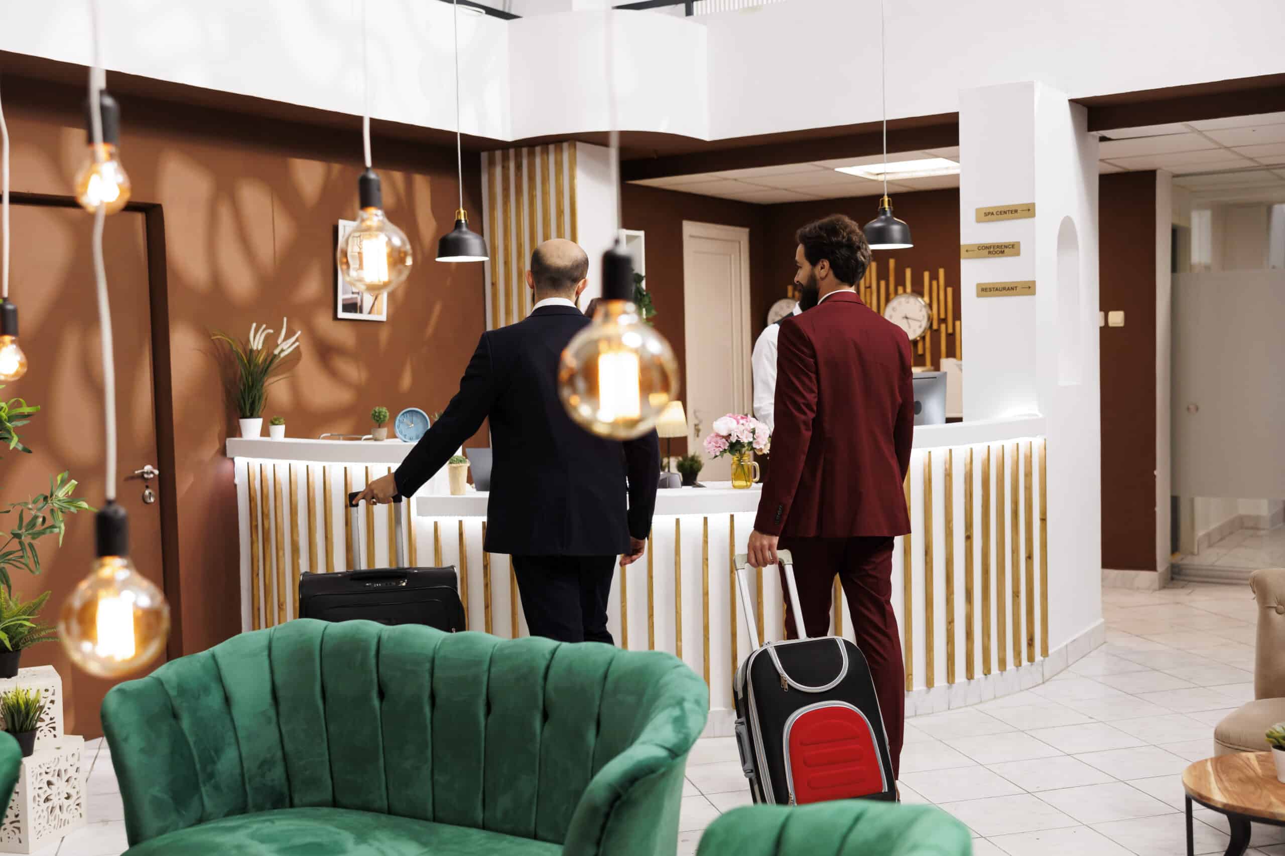 Zwei Geschäftsreisende beim Check-in im Hotel – zuverlässige Schließanlage für Hotelzugänge und Gästezimmer